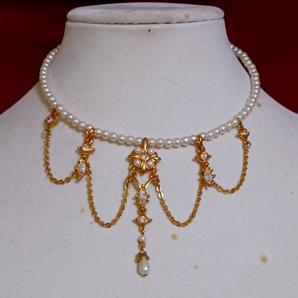 Hand Crafted Jewelry - Handmade Vintage Faux Pearl Choker Necklace Gold Dangle Rhinestone Adjustable